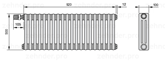 Схема (чертеж) Радиатор Zehnder Charleston 3050/20 №V011 Белый глянцевый RAL 9016